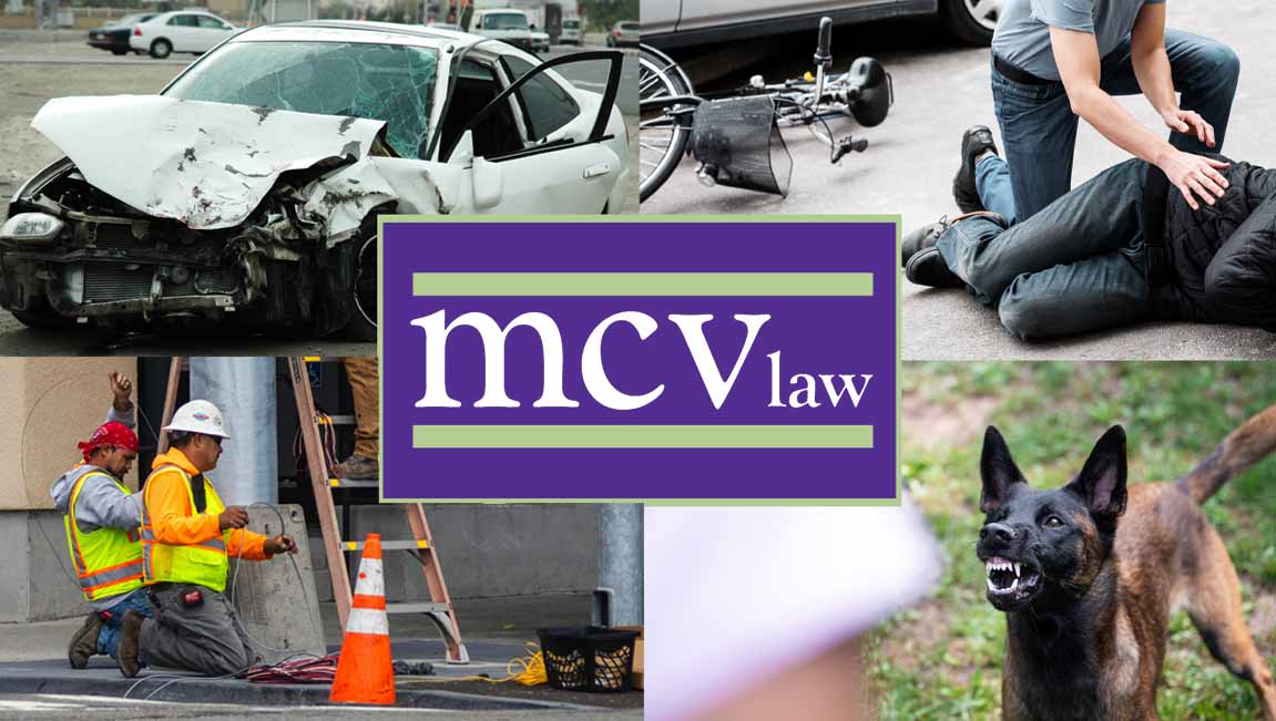 4 images of a car crash, a bicycle accident, roadside workers, and a barking dog with the MCV Law logo overlaid in the middle