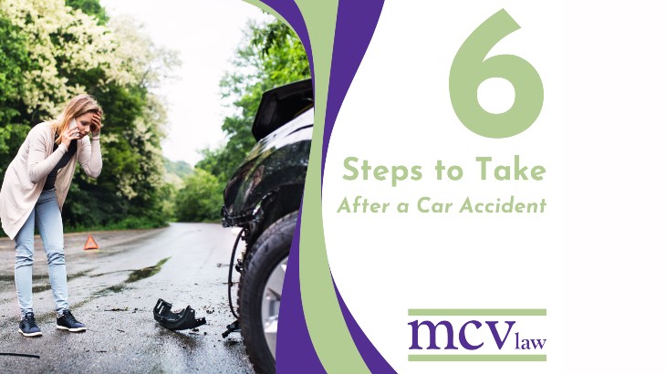 six steps to take after a car accident image of a woman on phone standing next to car accident