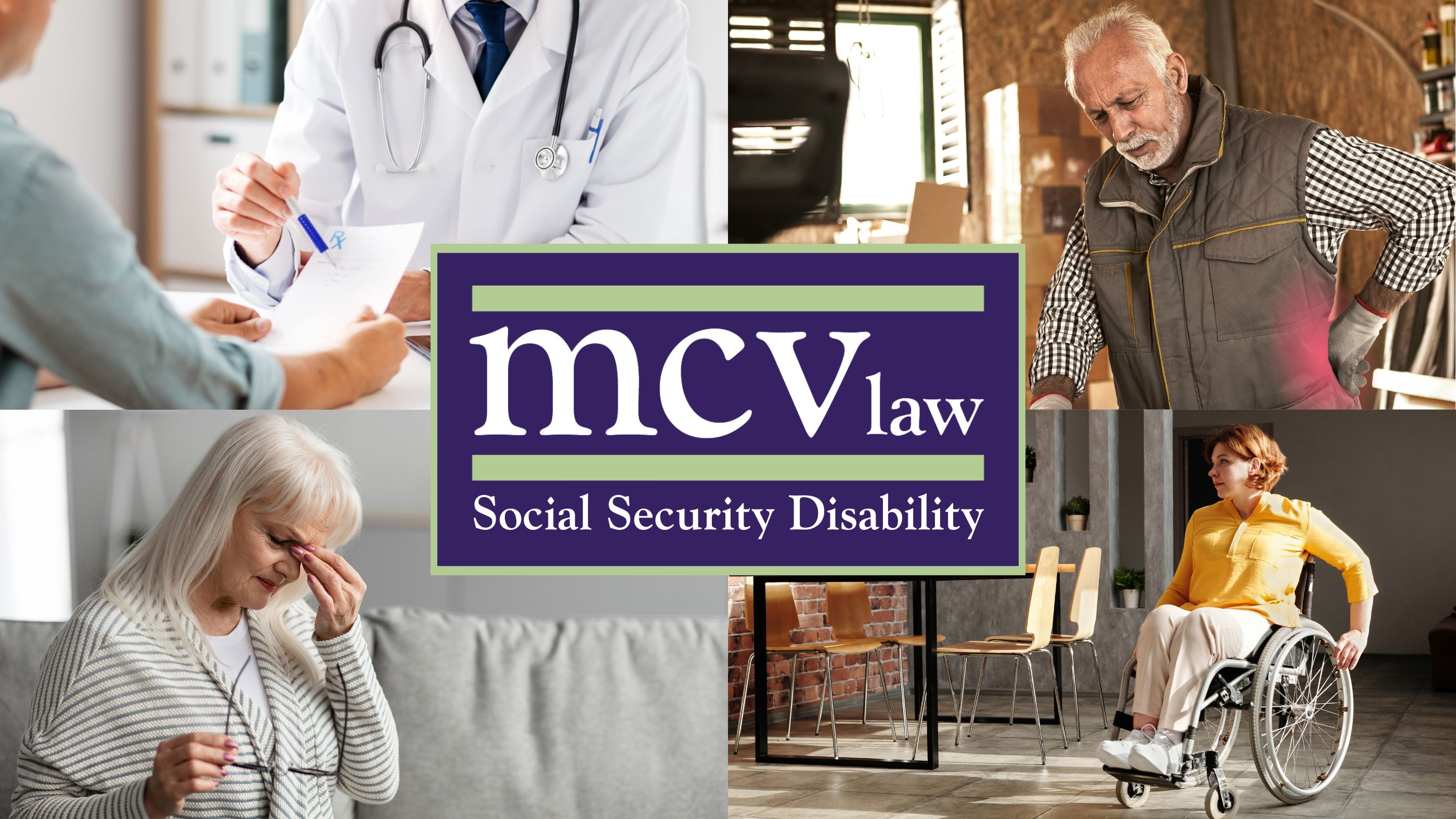 buffalo social security disability lawyer doctor meeting with patient man in pain woman looking frustrated woman in wheelchair mcv law logo social security disability